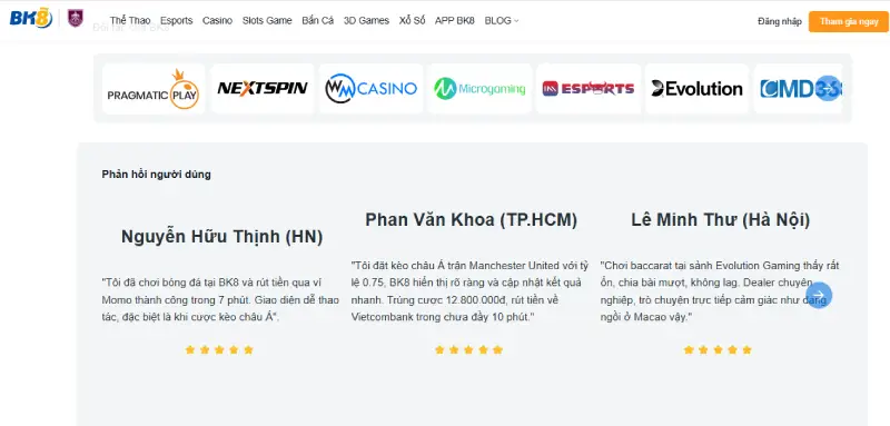 Đánh giá khách hàng chuẩn 5sao - nhà cái BK8